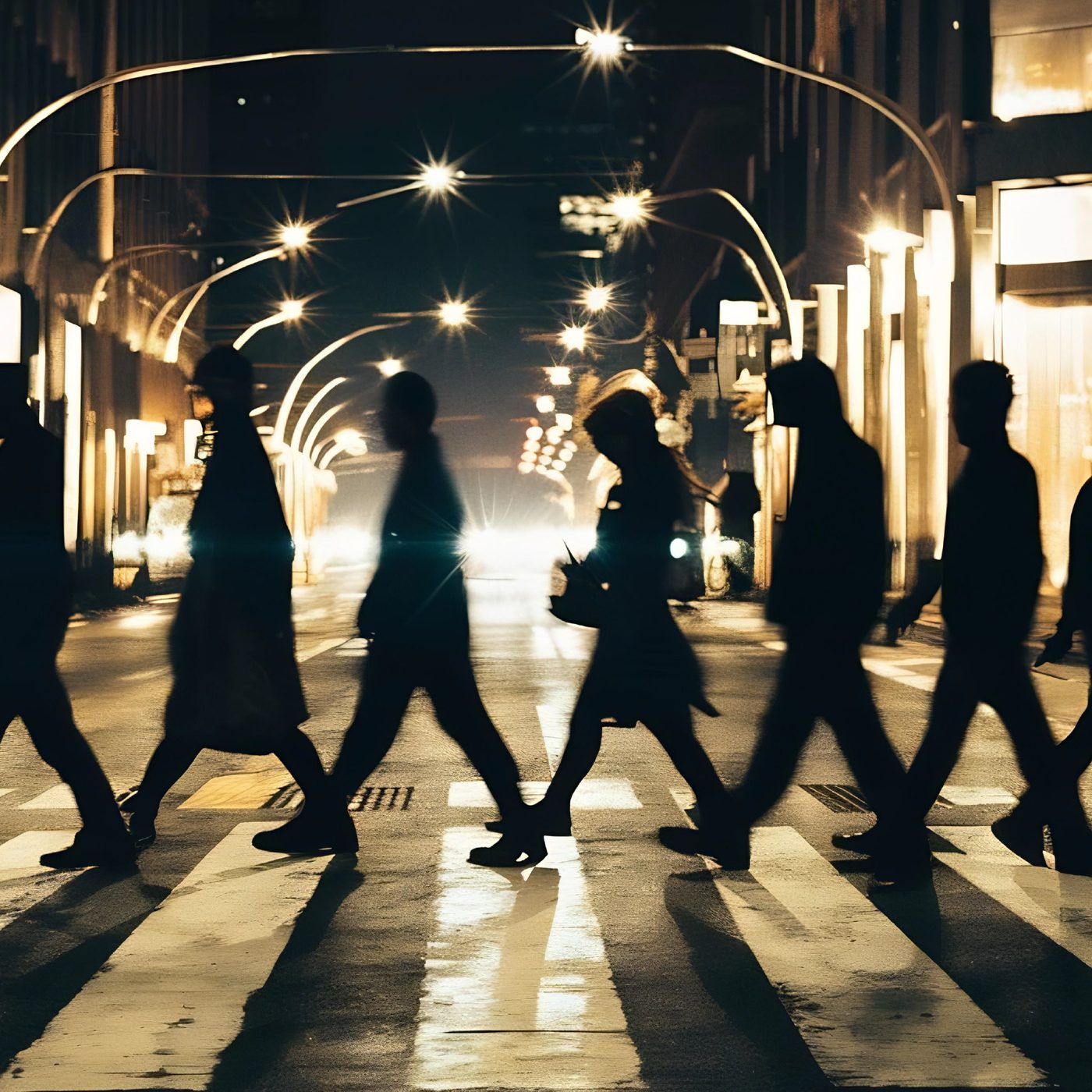 People crossing a city street at night